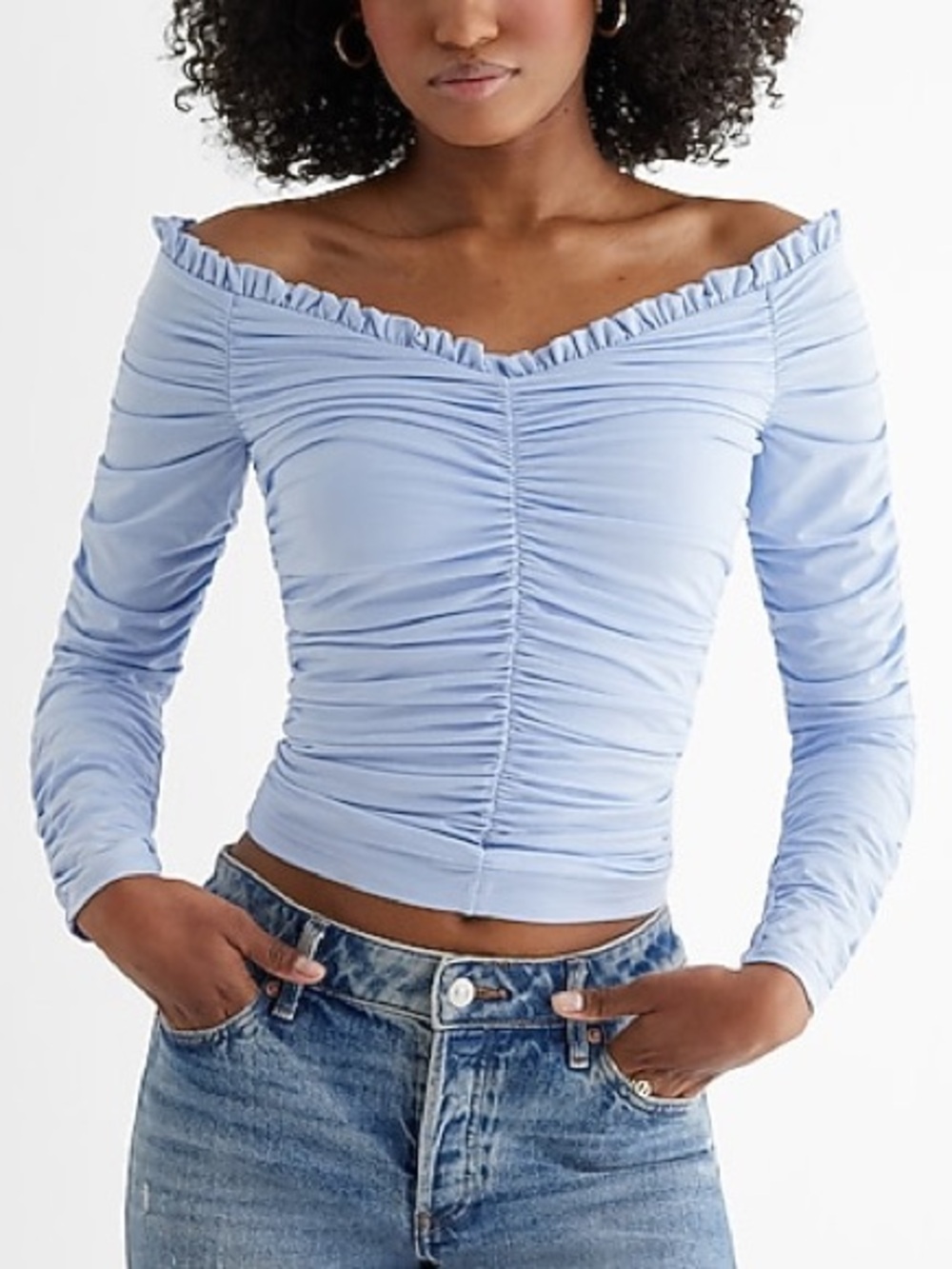 Express Body Contour Compression Off The Shoulder Ruched Tee